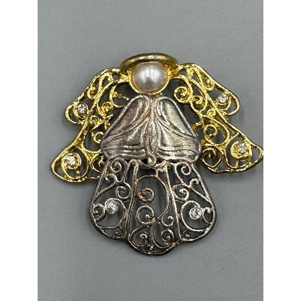 Vintage Gold Silver‎ Colored W/ Faux Pearl Rhinestone Angel With Halo Brooch Pin